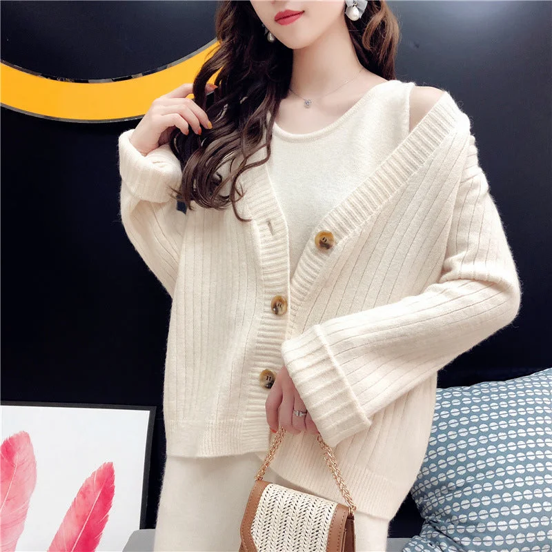 New Arrival Korean Style Office Lady V Neck Sleeveless Dress And Short Cardigan Sweater Set