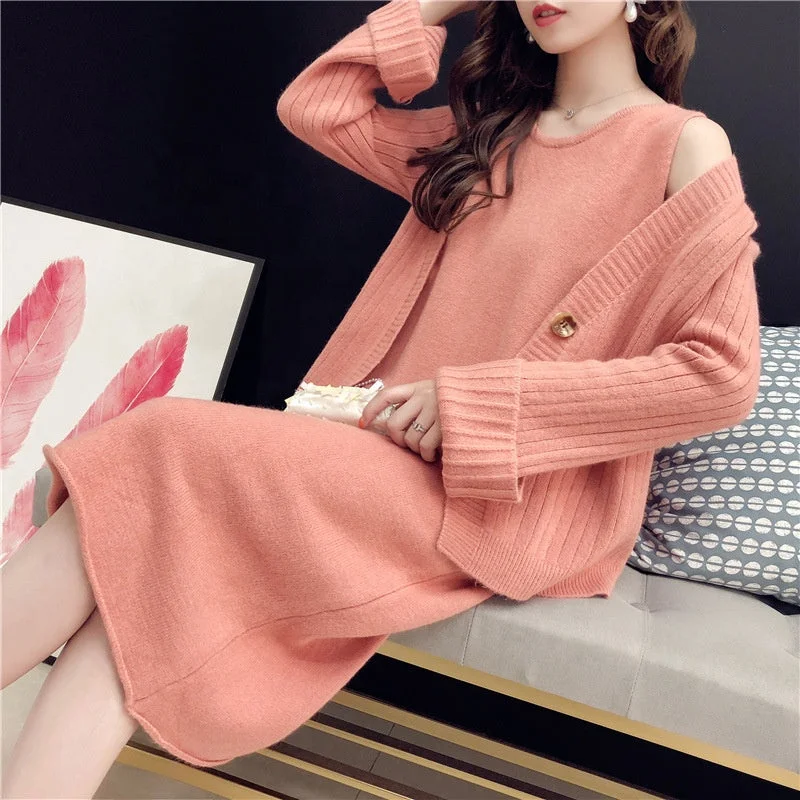 New Arrival Korean Style Office Lady V Neck Sleeveless Dress And Short Cardigan Sweater Set