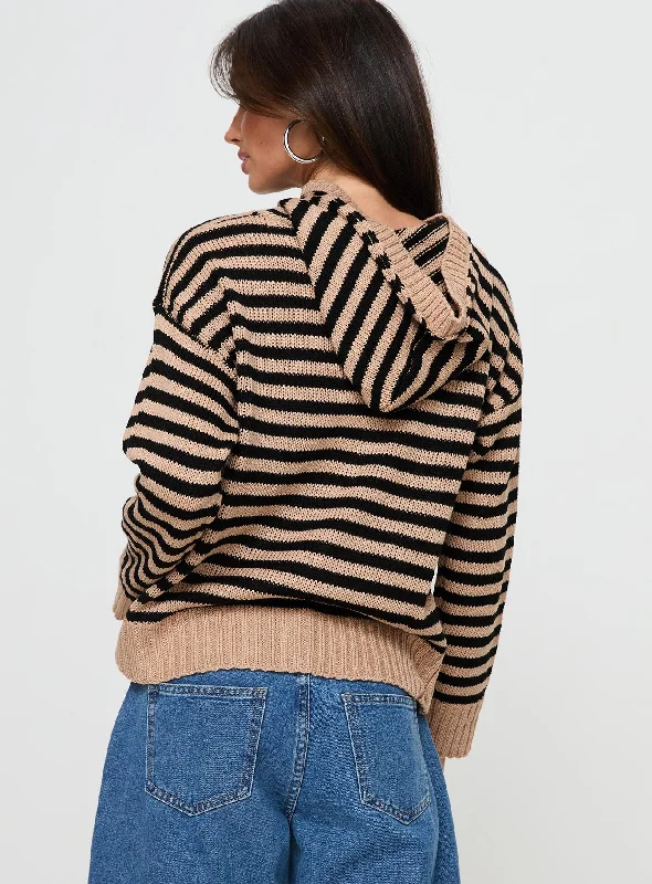 Omar Hooded Quarter Zip Jumper Black / Brown Stripe