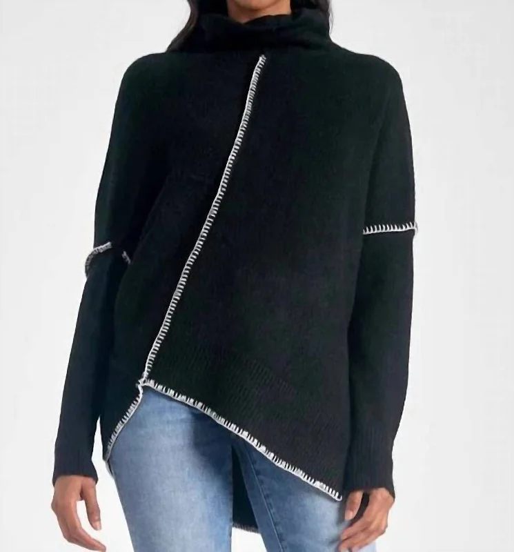 Oversized Stitched Asymmetrical Turtleneck Sweater In Black