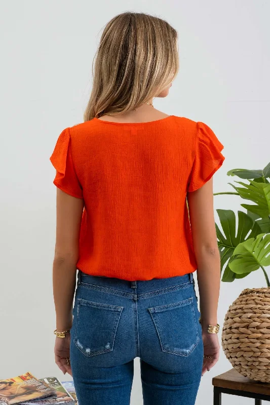 Petite Scalloped Trim Tulip Sleeve Blouse (Tomato Red)