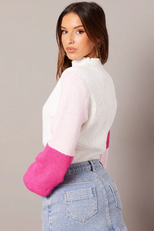 Pink Knit Top Long Sleeve Color Block