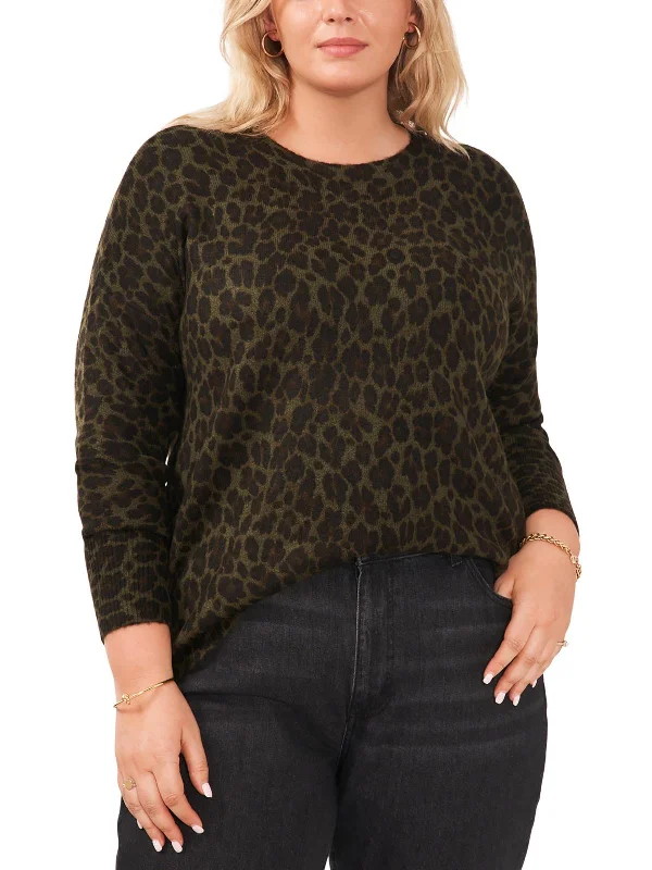 Plus Womens Leopard Crewneck Crewneck Sweater