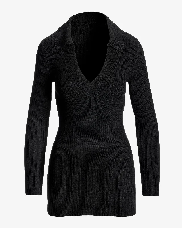 Ribbed Collar Tunic Sweater Black