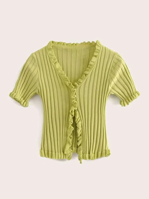 Ruffled Ribbed Cropped Cardigan for Women