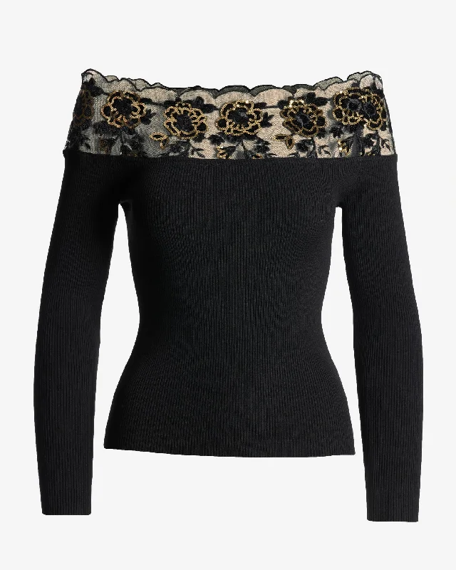 Sequin Lace Off the Shoulder Ribbed Sweater Black