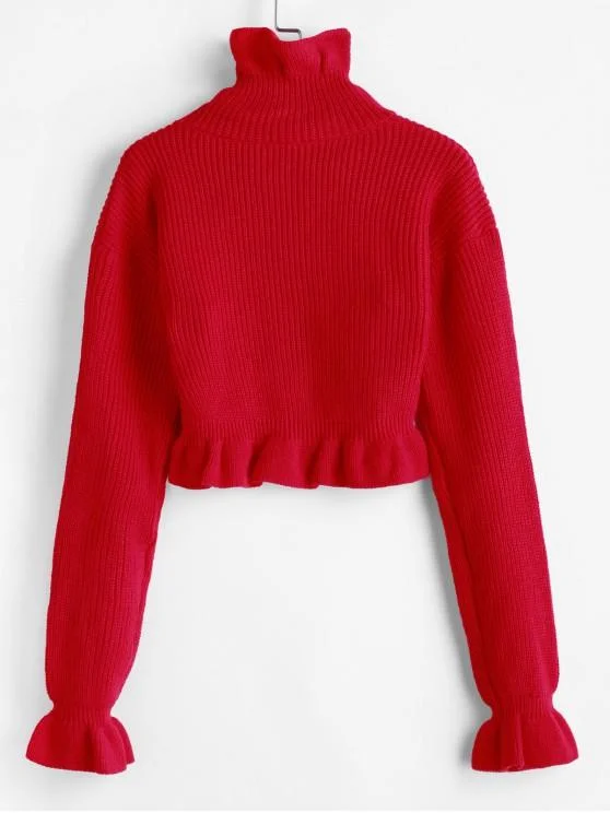 Solid Ruffled Pullover Sweater for Women