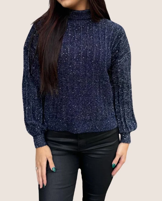 Stand Collar Sweater With Puff Sleeves In Navy