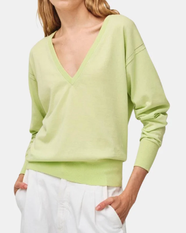 SUPERFINE ORGANIC COTTON POINTELLE TRIM V NECK IN PALE LIME