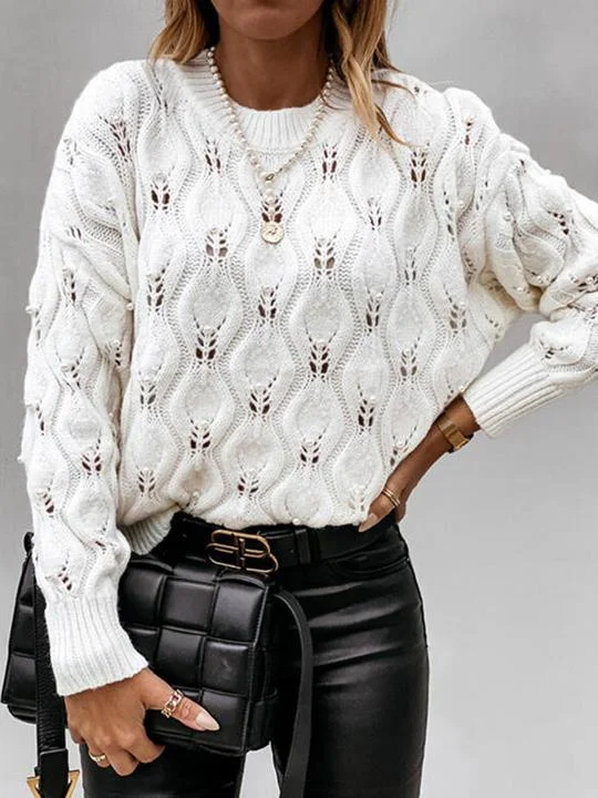 Sweaters Round Neck Bead Hollow Knitted Sweater for Women