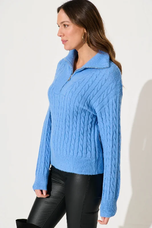 Tanna Zip Knit In Cornflower Blue Wool Blend