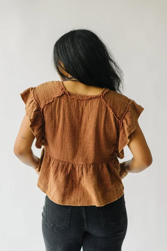 The Rackley Gauze Ruffle Sleeve Blouse in Clay