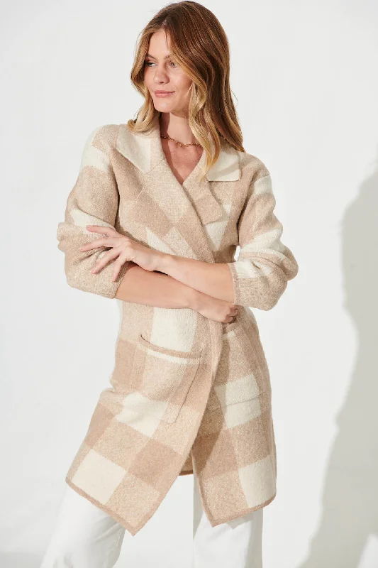 Thelma Knit Coatigan In Beige Check Wool Blend