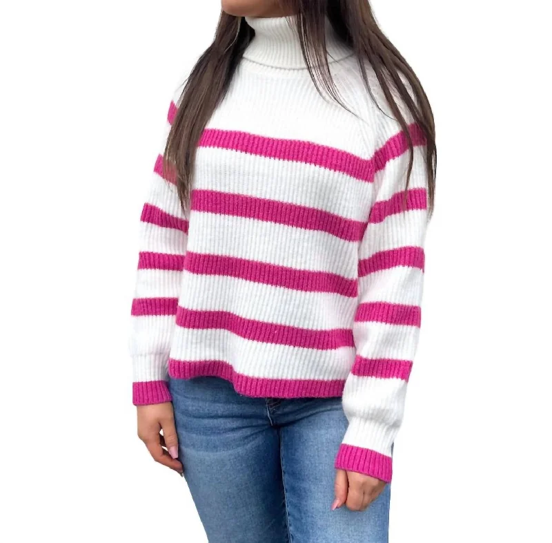 Turtle Neck Contrast Striped Sweater In White/pink