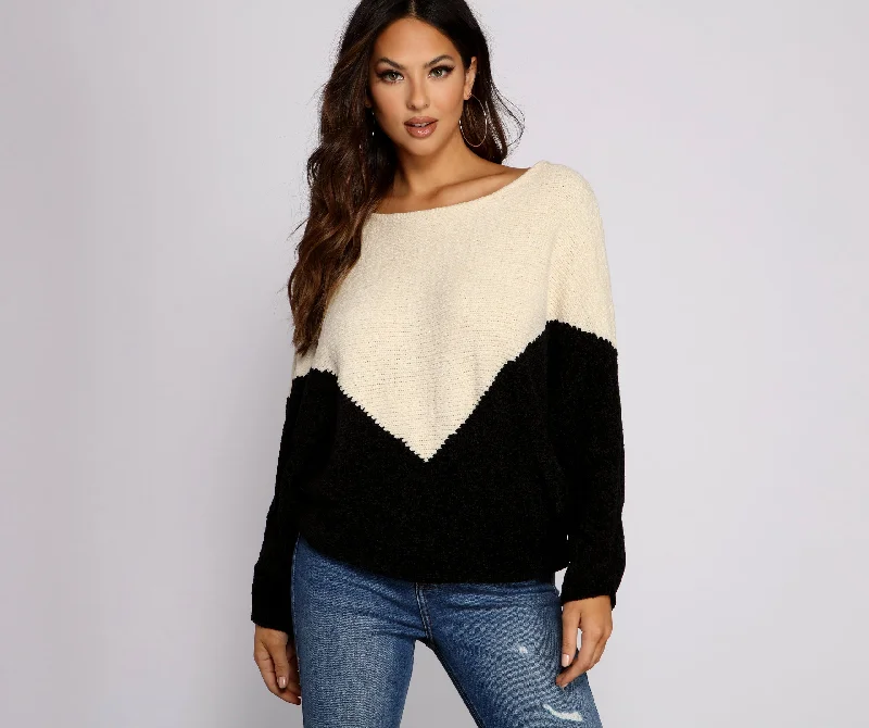 Two Tone Chenille Boat Neck Sweater