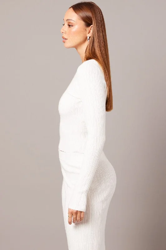 White Knit Top Long Sleeve Boat Neck