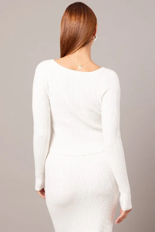 White Knit Top Long Sleeve Boat Neck