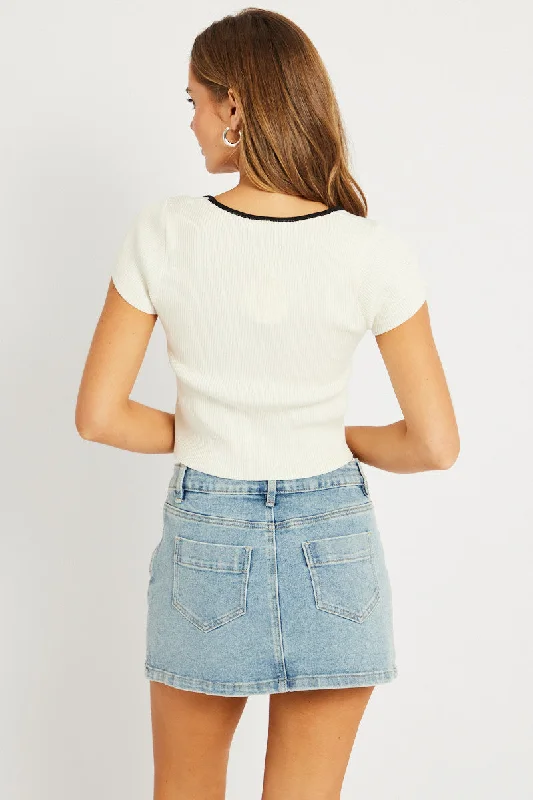 White Knit Top Short Sleeve Square Neck