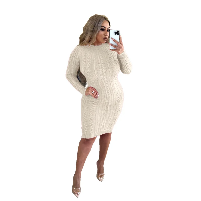 Winter Sexy Long-sleeved Fashion Exclusive Knit Round Neck Backless Sweater Dresses