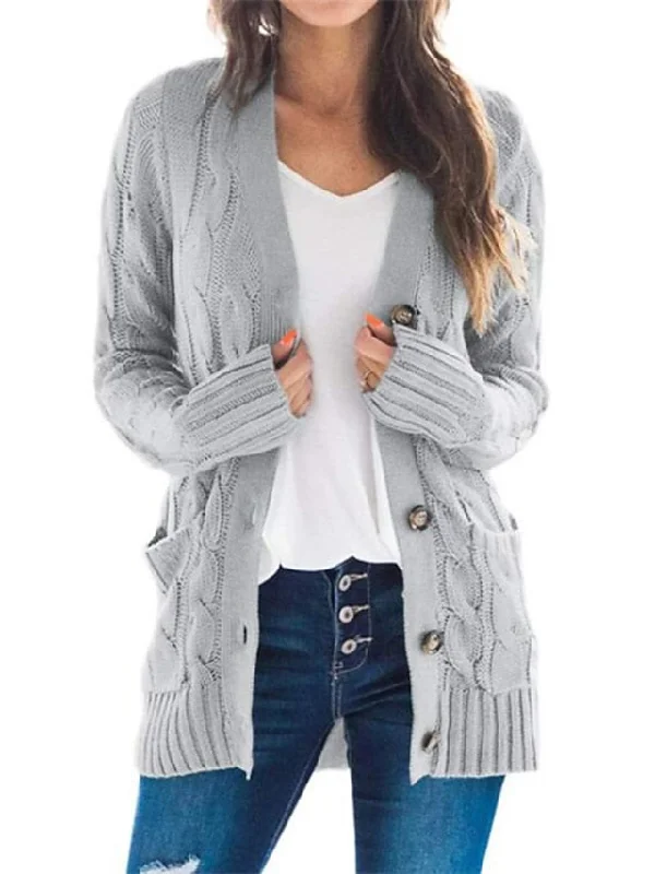 Women's Cardigan Pocket Knitted Button Solid Color Casual Chunky Long Sleeve Regular Fit Sweater Cardigans Open Front