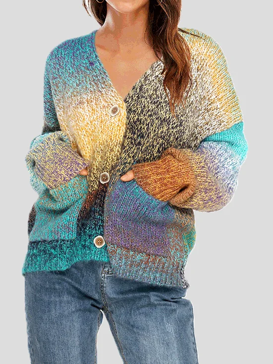 Women's Cardigans Rainbow Pocket Button Long Sleeve Sweater Cardigan