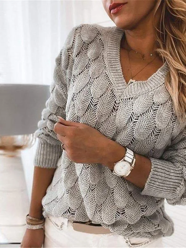 Women's Hollow V-neck Knitted Sweater