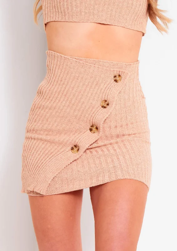 Zia Beige Rib Knit Button Up Mini Skirt