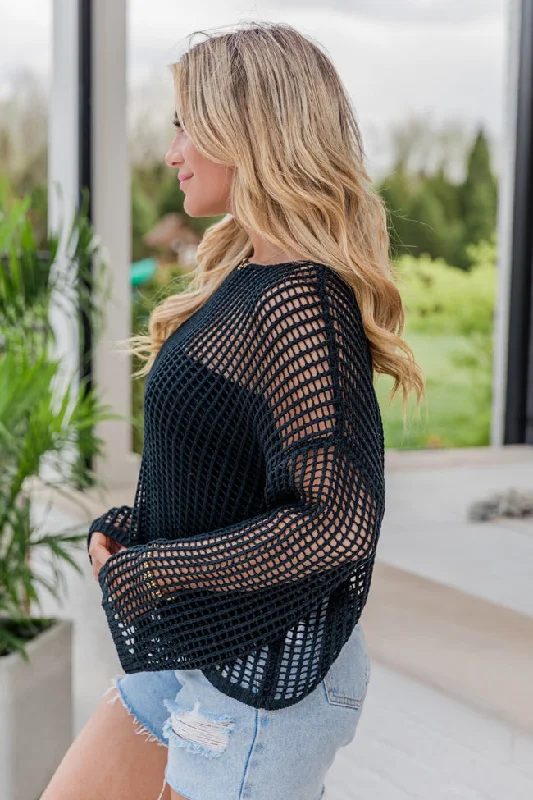 At Your Fingertips Black Open Knit Sweater