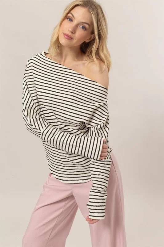 Carla Long Sleeve One Shoulder Striped Sweater Top Cream