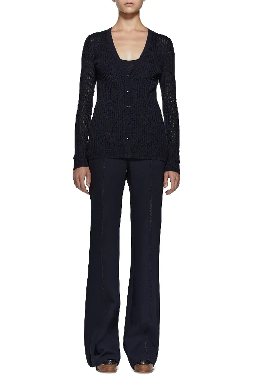 Emma Pointelle Knit Cardigan in Dark Navy Cashmere Silk