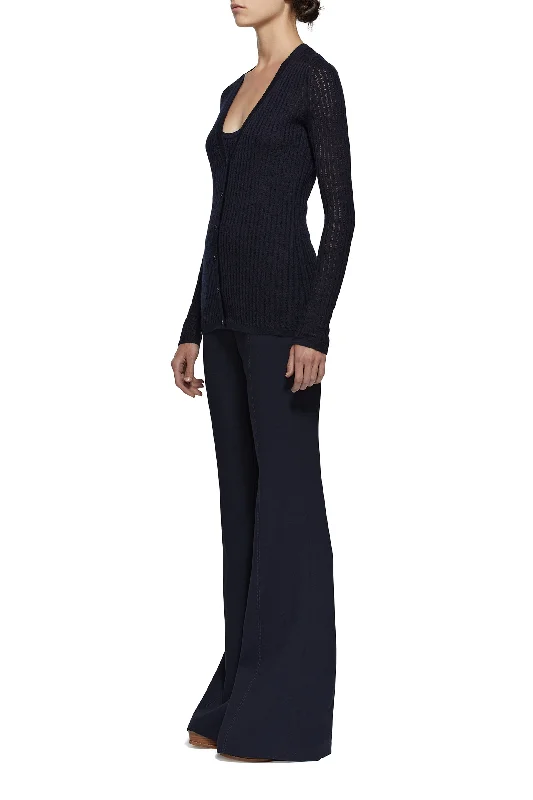 Emma Pointelle Knit Cardigan in Dark Navy Cashmere Silk