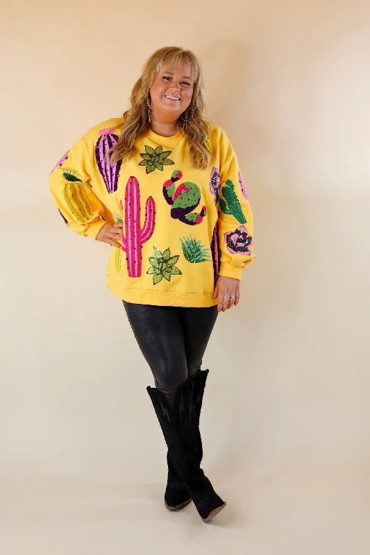 Queen Of Sparkles | Desert Daisy Sequin Cacti Long Sleeve Sweatshirt in Yellow