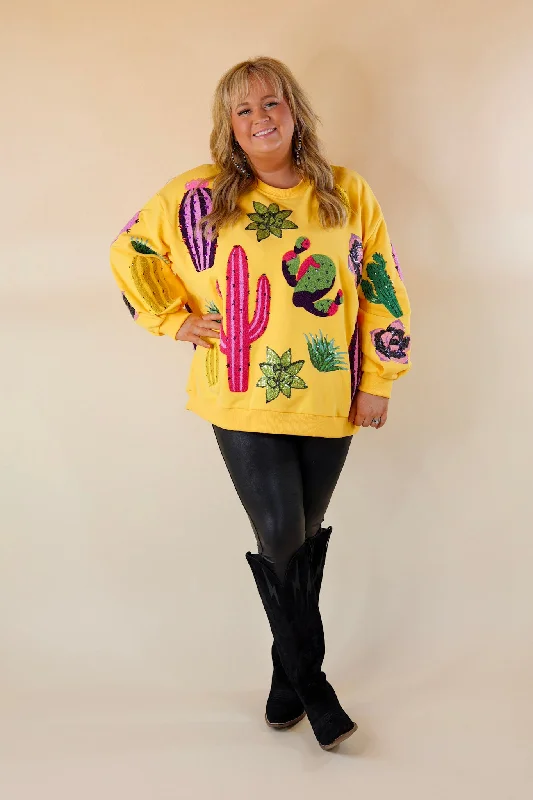 Queen Of Sparkles | Desert Daisy Sequin Cacti Long Sleeve Sweatshirt in Yellow