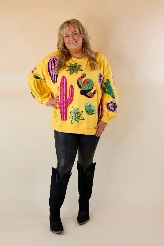 Queen Of Sparkles | Desert Daisy Sequin Cacti Long Sleeve Sweatshirt in Yellow