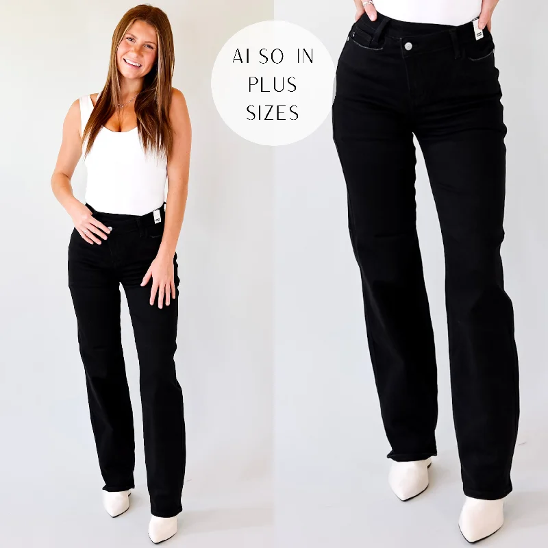 Last Chance Size 0, 1, 3, 5 & 20W-24W | Judy Blue | Here Forward Criss-Cross Waistband Straight Leg Jeans in Black