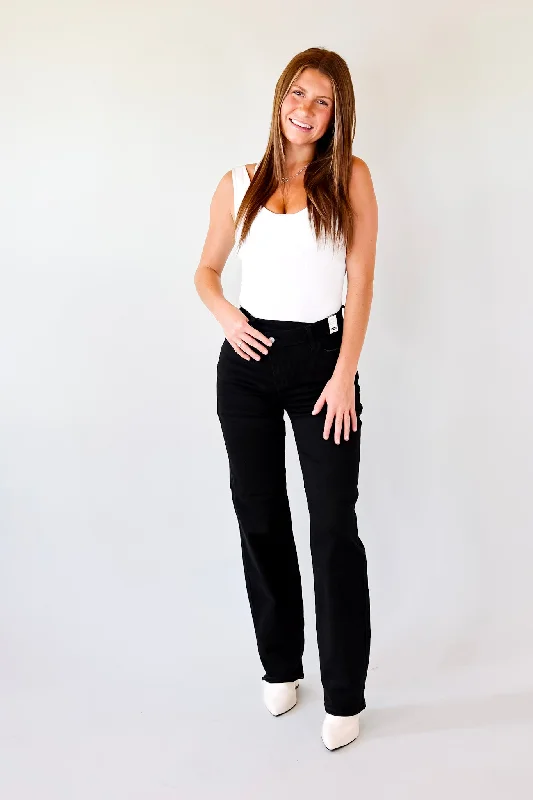 Last Chance Size 0, 1, 3, 5 & 20W-24W | Judy Blue | Here Forward Criss-Cross Waistband Straight Leg Jeans in Black