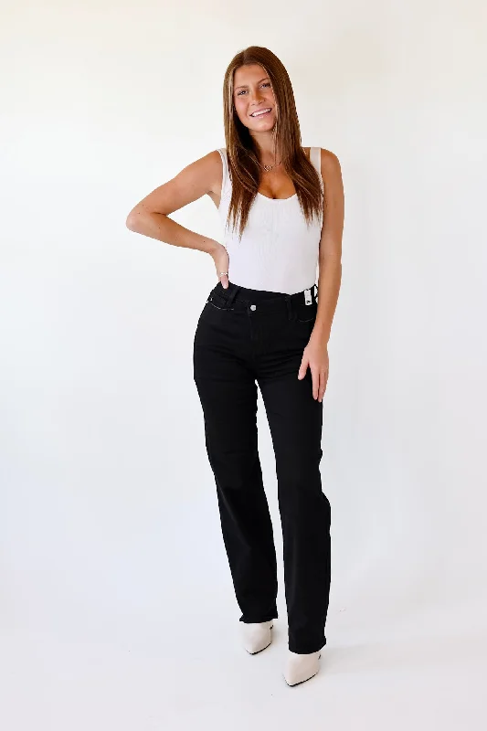 Last Chance Size 0, 1, 3, 5 & 20W-24W | Judy Blue | Here Forward Criss-Cross Waistband Straight Leg Jeans in Black