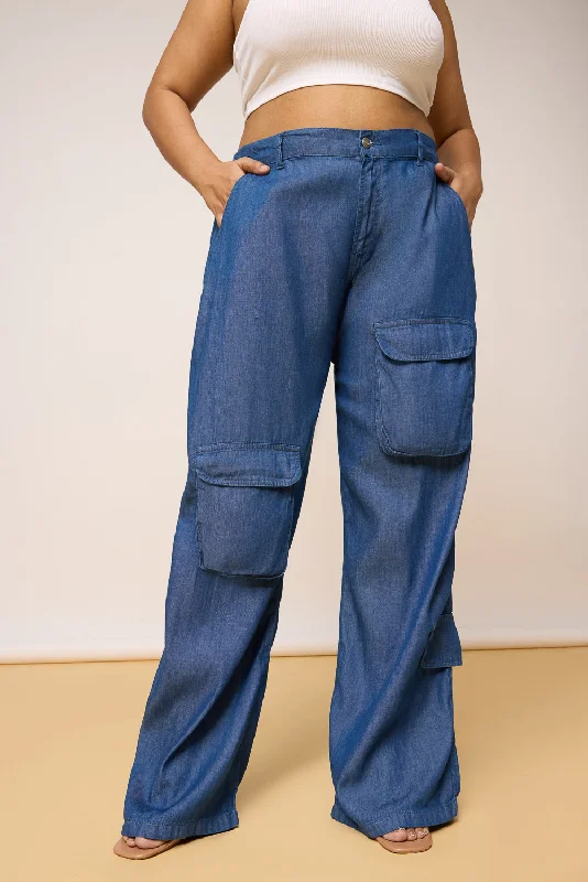 Curve Mid Blue Elastic Waist Cargo Denim Jeans