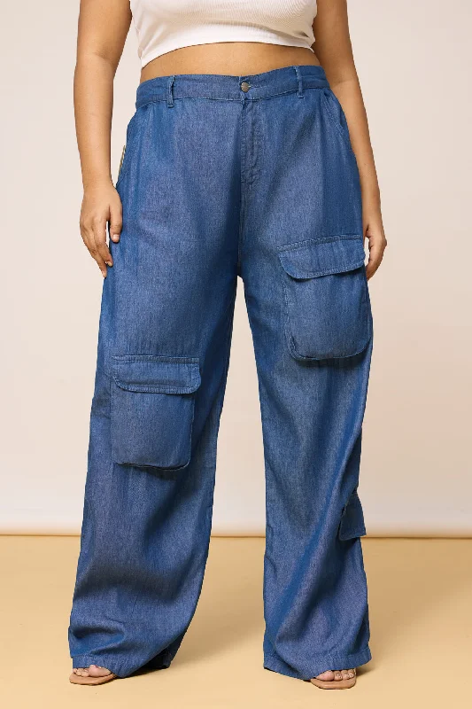 Curve Mid Blue Elastic Waist Cargo Denim Jeans