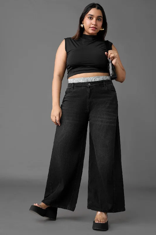 Curve Wide Leg Black Boxer Jeans