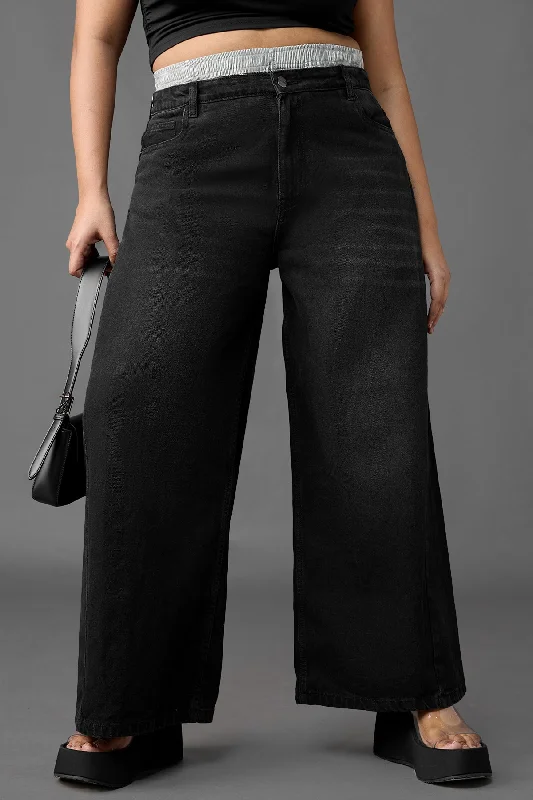 Curve Wide Leg Black Boxer Jeans