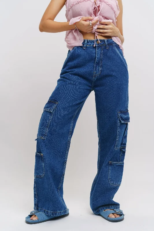 Dense Blue Side Pocket Cargo Jeans