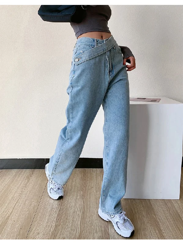 KittenAlarm - High Waist Irregular Zipper Button Wide Leg Jeans Pants