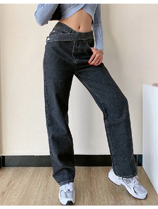 KittenAlarm - High Waist Irregular Zipper Button Wide Leg Jeans Pants