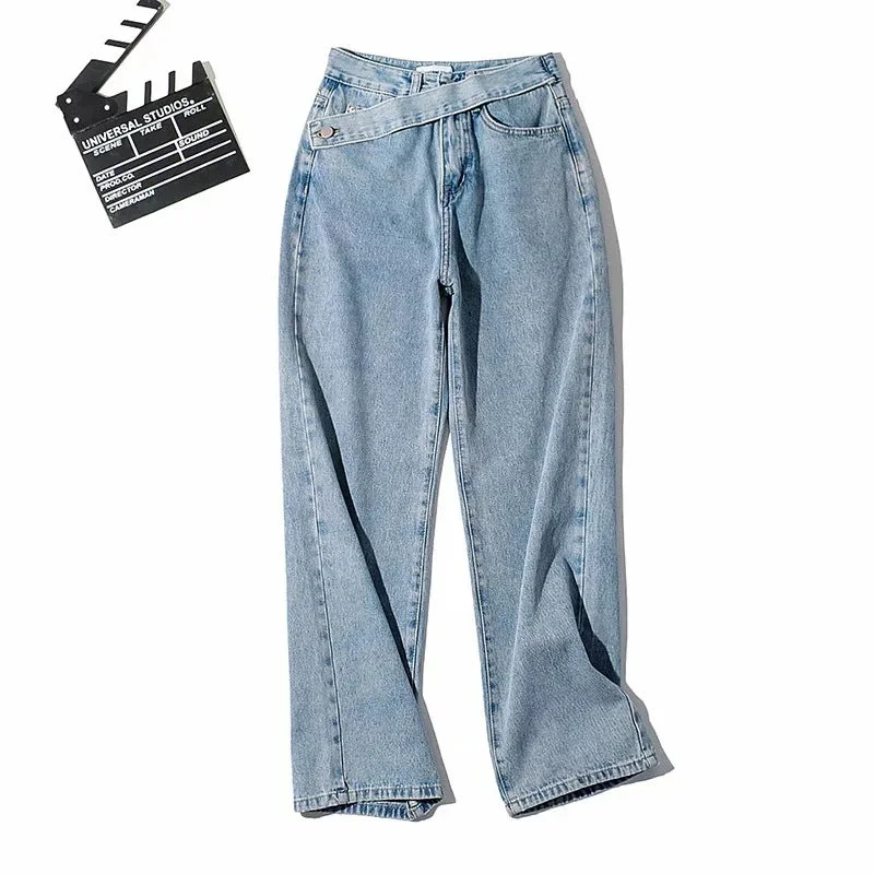 KittenAlarm - High Waist Irregular Zipper Button Wide Leg Jeans Pants