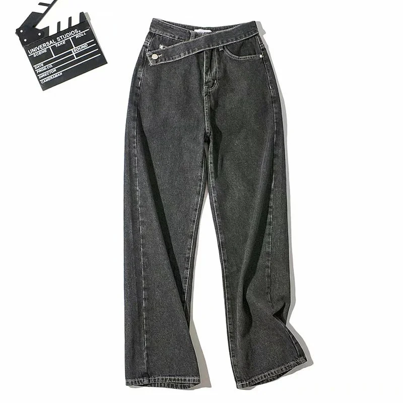 KittenAlarm - High Waist Irregular Zipper Button Wide Leg Jeans Pants