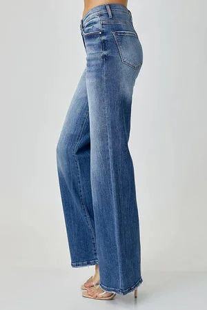 Risen - Mid-Rise Dipped V Wide Leg Jeans - Dark