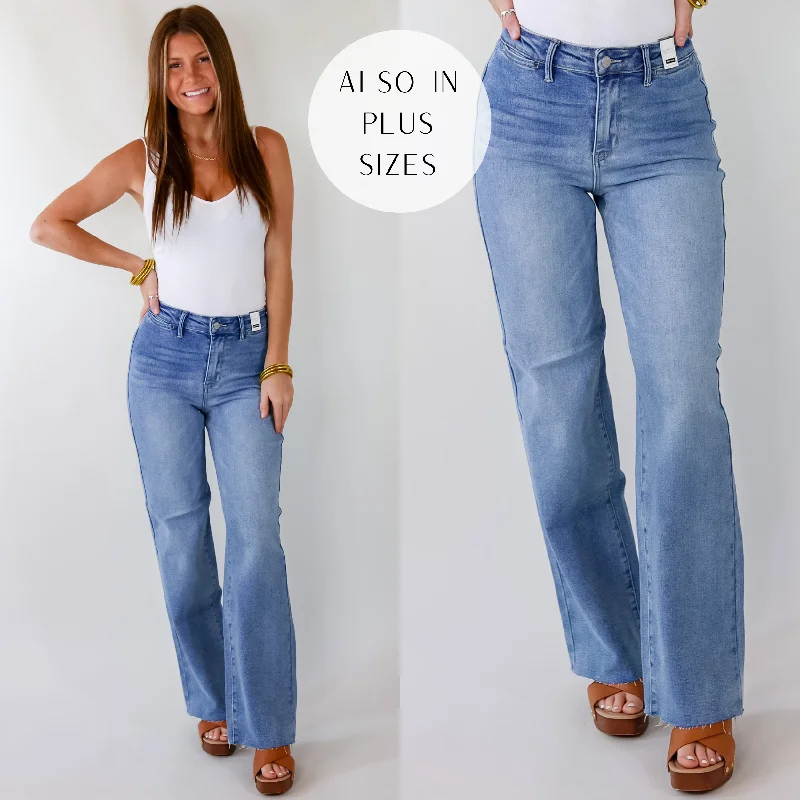 Last Chance Size 1, 15 & 22W | Judy Blue | Tell Me More Wide Leg Jeans with Raw Hem in Light Wash