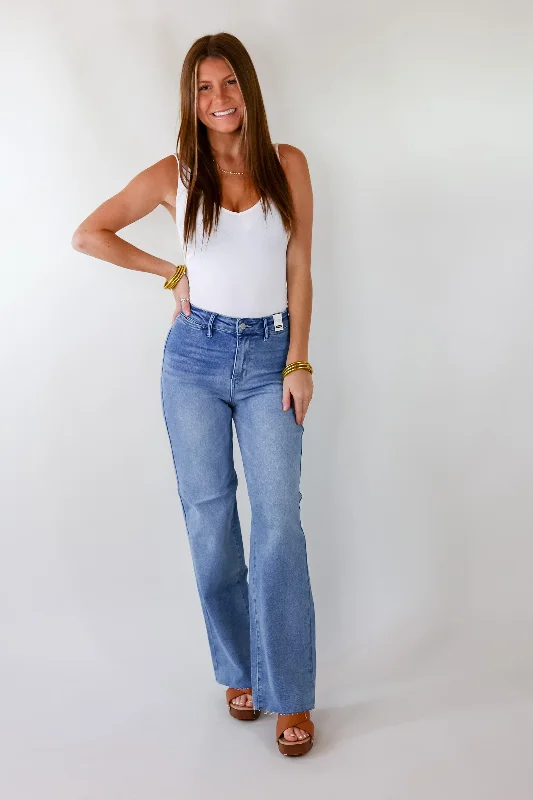 Last Chance Size 1, 15 & 22W | Judy Blue | Tell Me More Wide Leg Jeans with Raw Hem in Light Wash