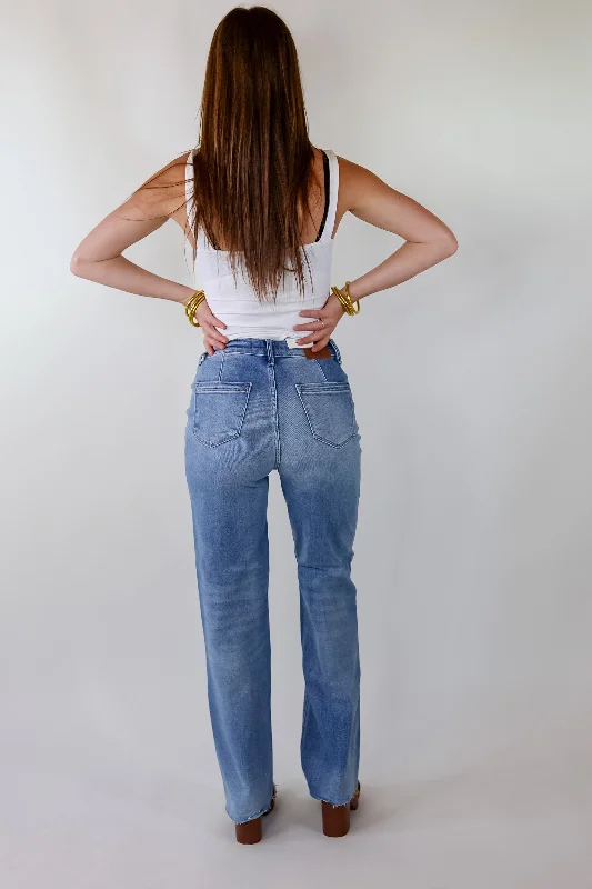 Last Chance Size 1, 15 & 22W | Judy Blue | Tell Me More Wide Leg Jeans with Raw Hem in Light Wash